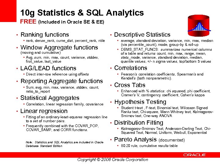 10 g Statistics & SQL Analytics FREE (Included in Oracle SE & EE) •