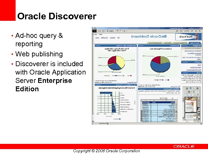 Oracle Discoverer • Ad-hoc query & reporting • Web publishing • Discoverer is included