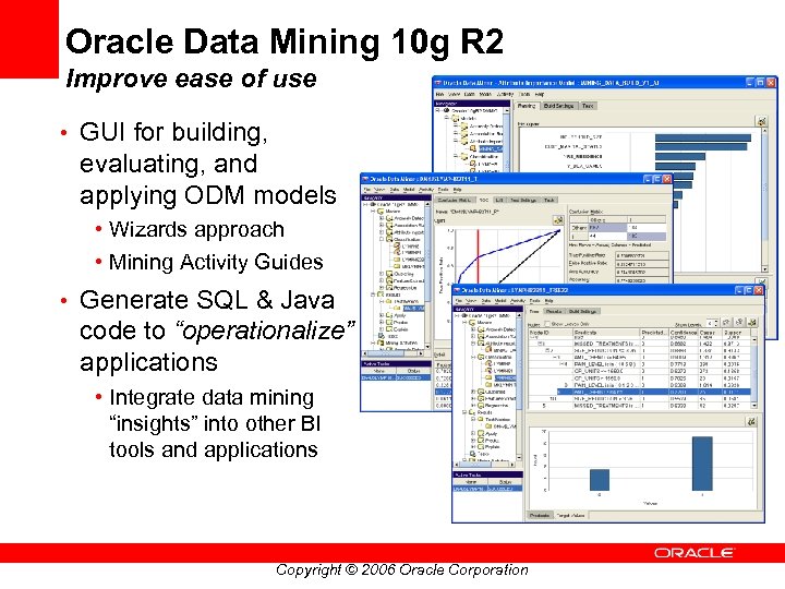Oracle Data Mining 10 g R 2 Improve ease of use • GUI for
