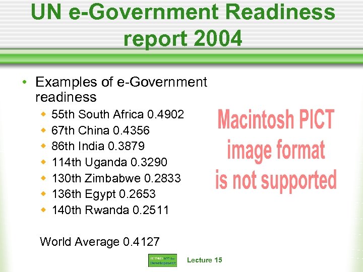 UN e-Government Readiness report 2004 • Examples of e-Government readiness w w w w