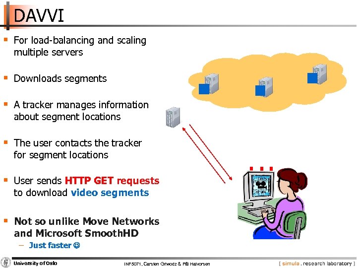 DAVVI § For load-balancing and scaling multiple servers § Downloads segments § A tracker