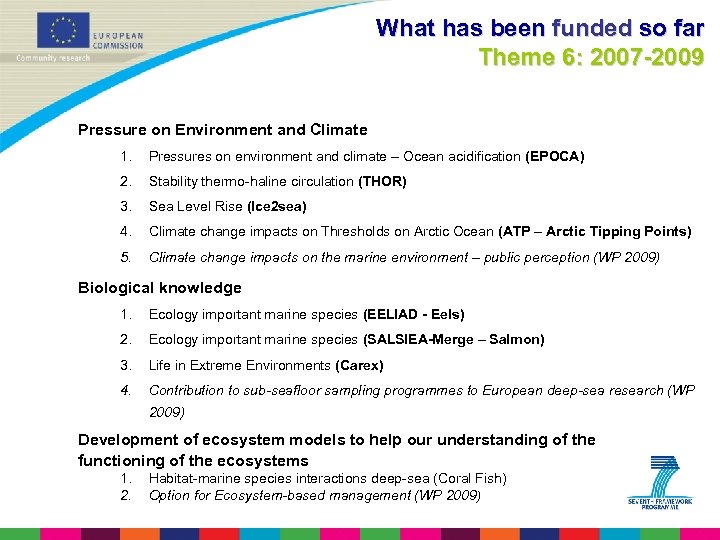 What has been funded so far Theme 6: 2007 -2009 Pressure on Environment and