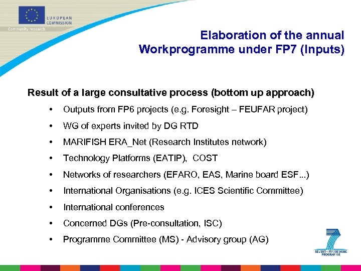 Elaboration of the annual Workprogramme under FP 7 (Inputs) Result of a large consultative