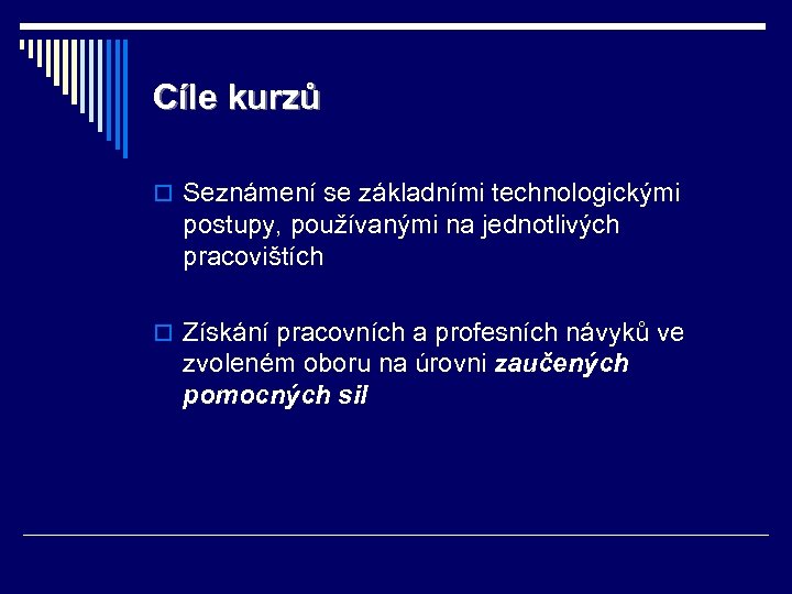 Cíle kurzů o Seznámení se základními technologickými postupy, používanými na jednotlivých pracovištích o Získání
