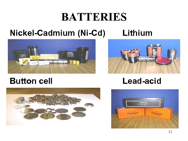 BATTERIES Nickel-Cadmium (Ni-Cd) Lithium Button cell Lead-acid 11 