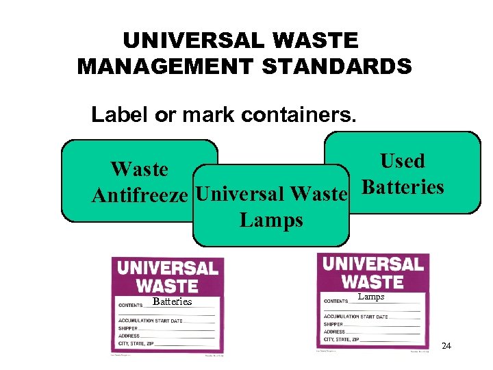 UNIVERSAL WASTE MANAGEMENT STANDARDS Label or mark containers. Used Waste Antifreeze Universal Waste Batteries