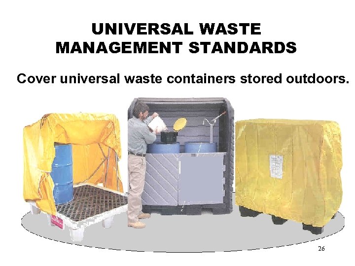 UNIVERSAL WASTE MANAGEMENT STANDARDS Cover universal waste containers stored outdoors. 26 