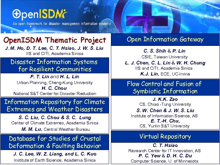 Open. ISDM Thematic Project J. M. Ho, D. T. Lee, C. T. Hsiao, J.