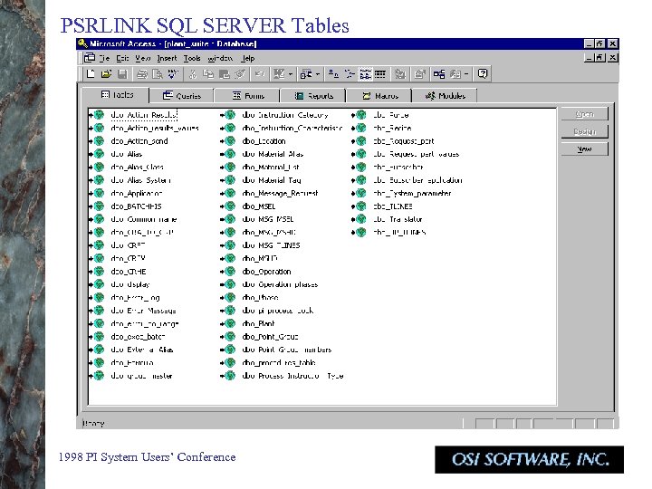 PSRLINK SQL SERVER Tables 1998 PI System Users’ Conference 