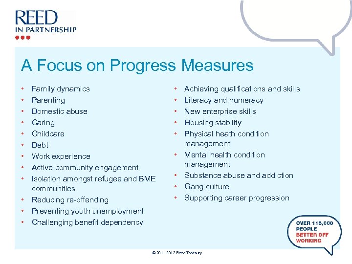 A Focus on Progress Measures • • • Family dynamics Parenting Domestic abuse Caring