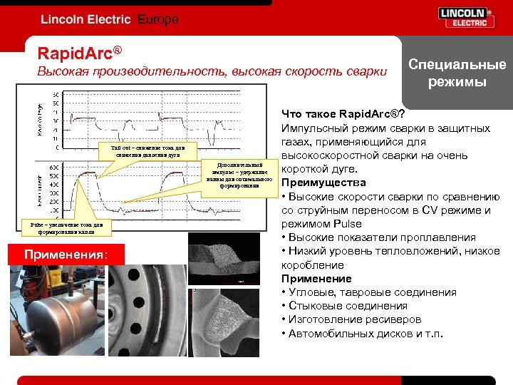 Europe Rapid. Arc® Высокая производительность, высокая скорость сварки Tail out – снижение тока для