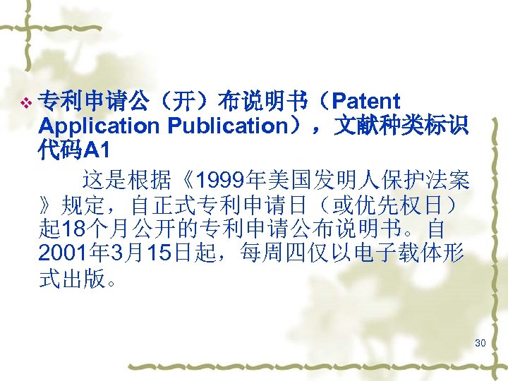 v 专利申请公（开）布说明书（Patent Application Publication），文献种类标识 代码A 1 这是根据《1999年美国发明人保护法案 》规定，自正式专利申请日（或优先权日） 起 18个月公开的专利申请公布说明书。自 2001年 3月15日起，每周四仅以电子载体形 式出版。 30