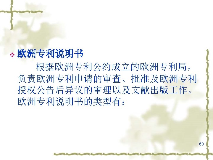 v 欧洲专利说明书 根据欧洲专利公约成立的欧洲专利局， 负责欧洲专利申请的审查、批准及欧洲专利 授权公告后异议的审理以及文献出版 作。 欧洲专利说明书的类型有： 63 