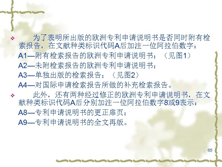 v v 为了表明所出版的欧洲专利申请说明书是否同时附有检 索报告，在文献种类标识代码A后加注一位阿拉伯数字： A 1—附有检索报告的欧洲专利申请说明书；（见图 1） A 2—未附检索报告的欧洲专利申请说明书； A 3—单独出版的检索报告；（见图 2） A 4—对国际申请检索报告所做的补充检索报告。