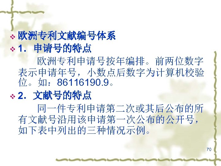 v 欧洲专利文献编号体系 v 1．申请号的特点 欧洲专利申请号按年编排。前两位数字 表示申请年号，小数点后数字为计算机校验 位。如： 86116190. 9。 v 2．文献号的特点 同一件专利申请第二次或其后公布的所 有文献号沿用该申请第一次公布的公开号， 如下表中列出的三种情况示例。
