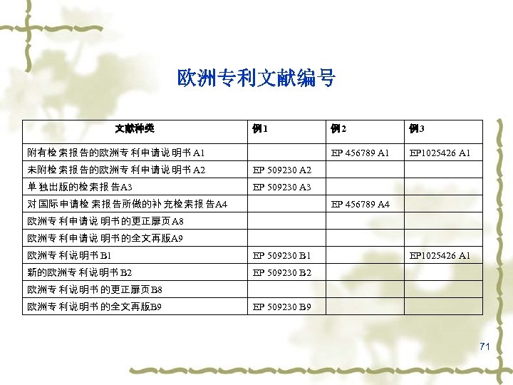 欧洲专利文献编号 文献种类 例1 未附检 索报 告的欧洲专 利申请说 明书 A 2 EP 1025426 A 1