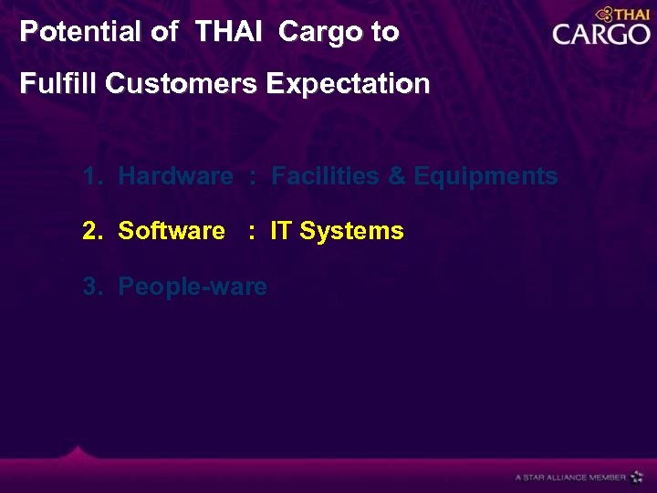 Potential of THAI Cargo to Fulfill Customers Expectation 1. Hardware : Facilities & Equipments