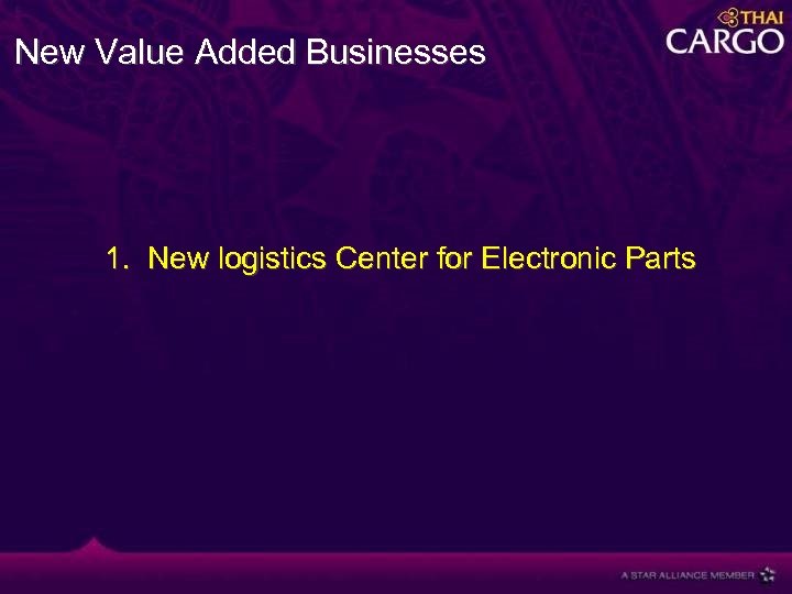 New Value Added Businesses 1. New logistics Center for Electronic Parts 