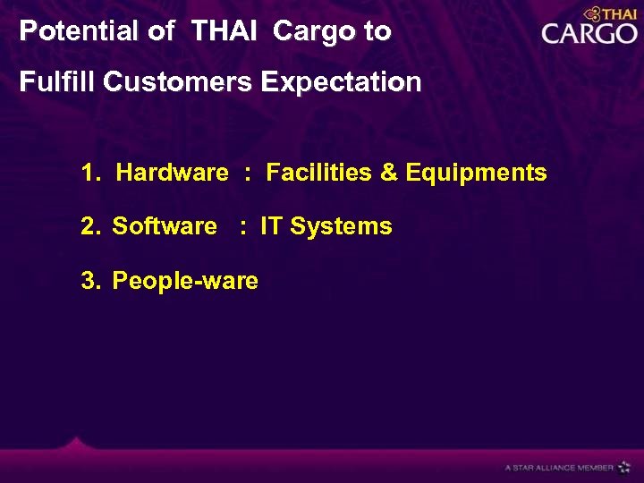 Potential of THAI Cargo to Fulfill Customers Expectation 1. Hardware : Facilities & Equipments
