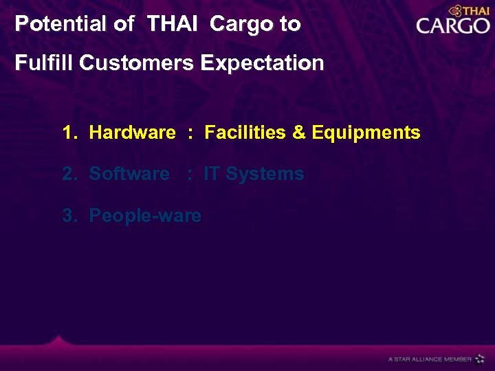 Potential of THAI Cargo to Fulfill Customers Expectation 1. Hardware : Facilities & Equipments