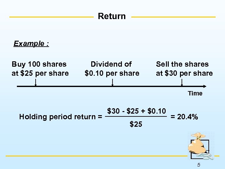 Return Example : Buy 100 shares at $25 per share Dividend of $0. 10