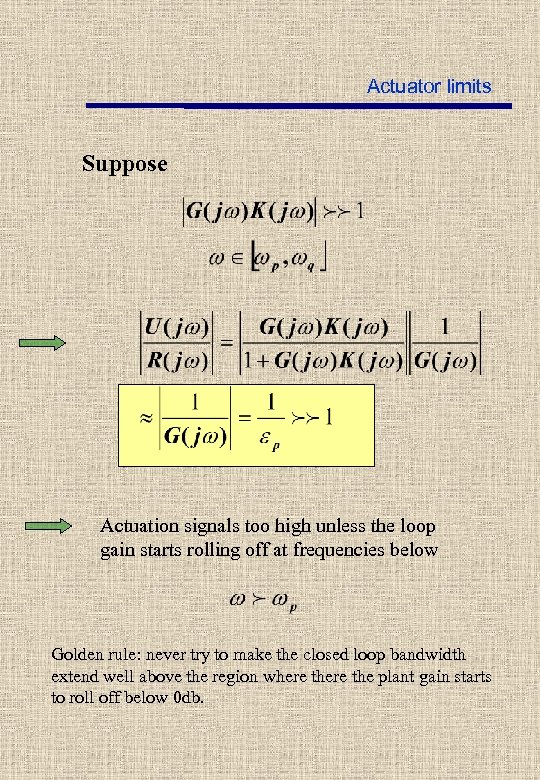 Actuator limits Suppose Actuation signals too high unless the loop gain starts rolling off