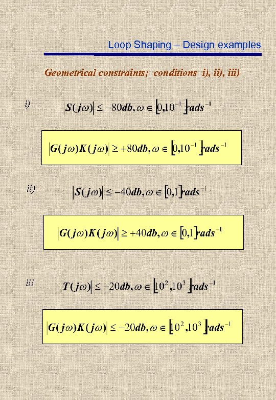 Loop Shaping – Design examples Geometrical constraints; conditions i), iii) i) iii 