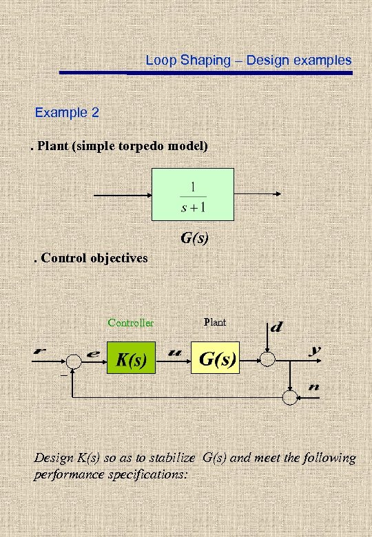 Loop Shaping – Design examples Example 2. Plant (simple torpedo model) G(s). Control objectives