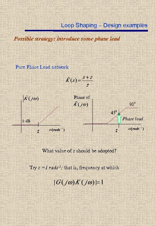 Loop Shaping – Design examples Possible strategy: introduce some phase lead Pure Phase Lead