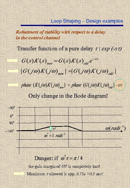 Loop Shaping – Design examples Robustness of stability with respect to a delay in