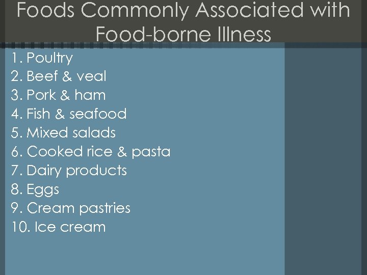 Foods Commonly Associated with Food-borne Illness 1. Poultry 2. Beef & veal 3. Pork