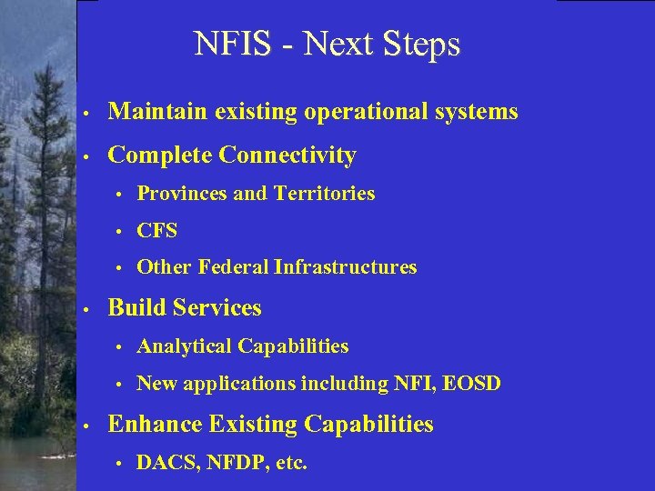 NFIS - Next Steps • Maintain existing operational systems • Complete Connectivity • •