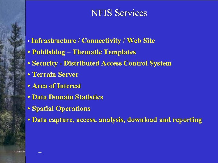 NFIS Services • Infrastructure / Connectivity / Web Site • Publishing – Thematic Templates