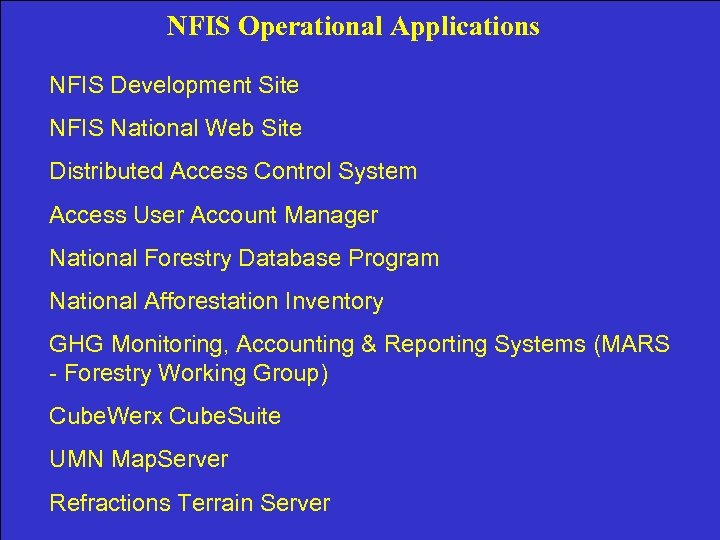 NFIS Operational Applications NFIS Development Site NFIS National Web Site Distributed Access Control System