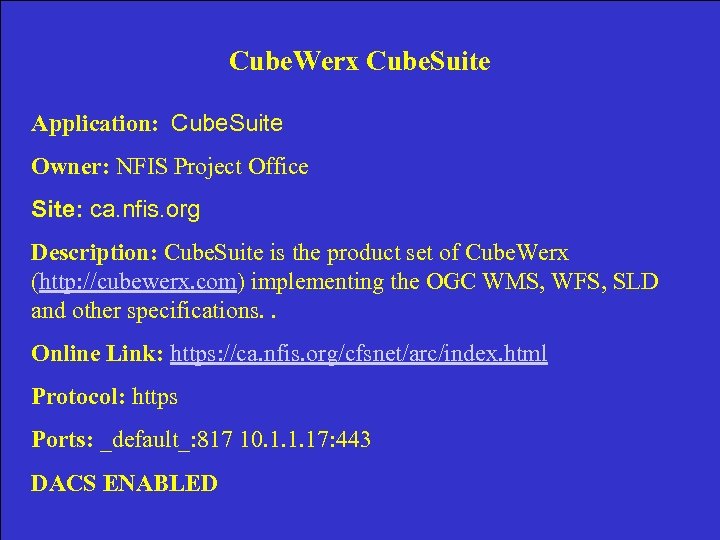 Cube. Werx Cube. Suite Application: Cube. Suite Owner: NFIS Project Office Site: ca. nfis.