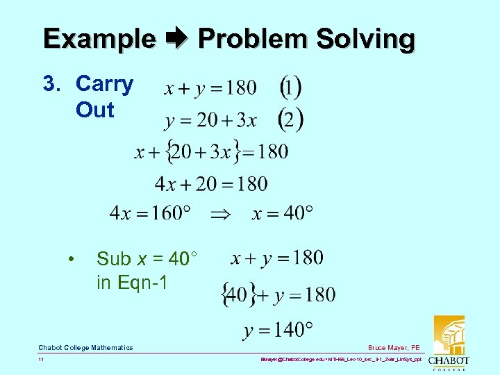 Example Problem Solving 3. Carry Out • Sub x = 40° in Eqn-1 Chabot