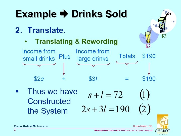 Example Drinks Sold 2. Translate. • Translating & Rewording Income from small drinks Plus