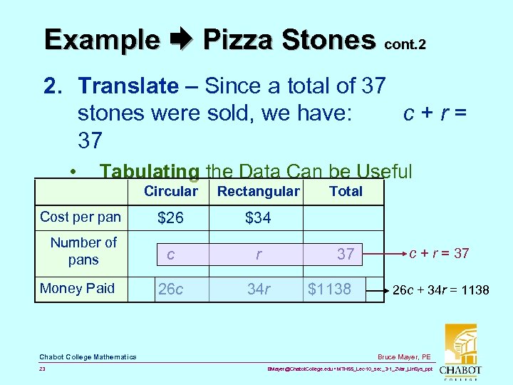 Example Pizza Stones cont. 2 2. Translate – Since a total of 37 stones