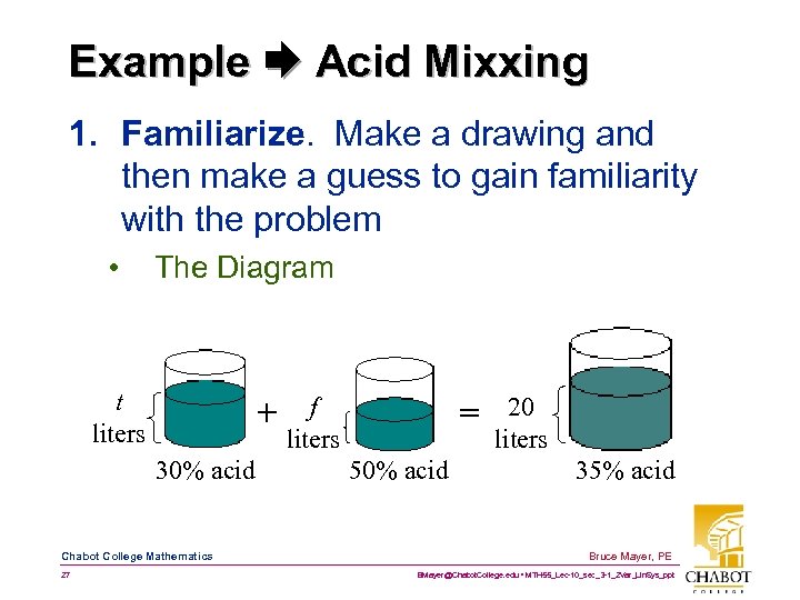 Example Acid Mixxing 1. Familiarize. Make a drawing and then make a guess to