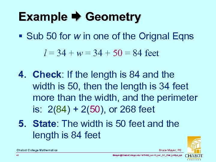 Example Geometry § Sub 50 for w in one of the Orignal Eqns l