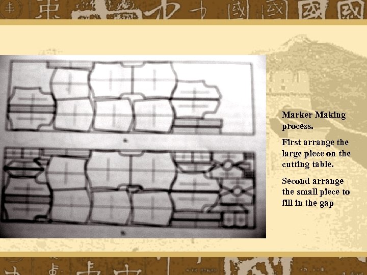 Marker Making process. First arrange the large piece on the cutting table. Second arrange