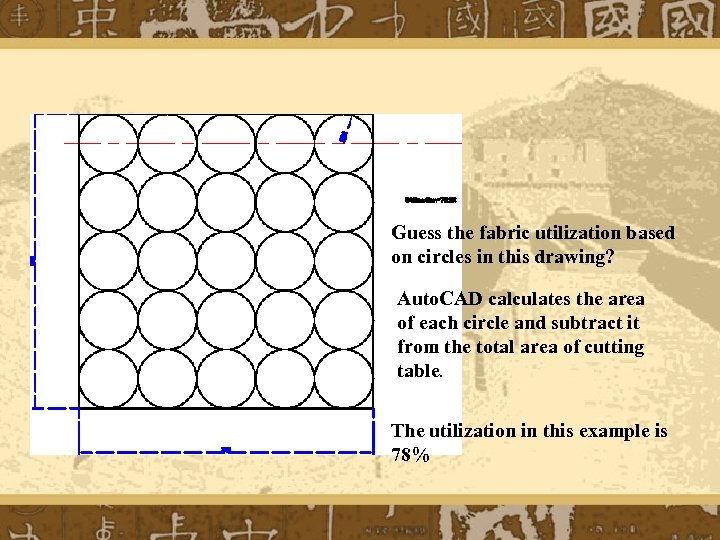 Guess the fabric utilization based on circles in this drawing? Auto. CAD calculates the