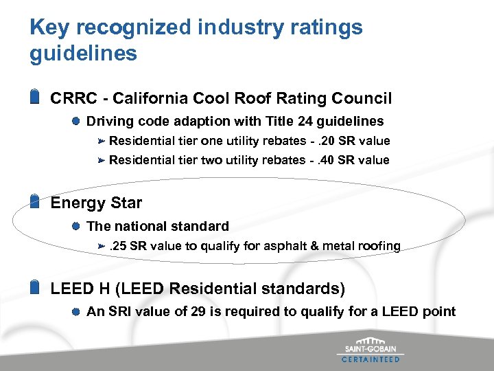 Key recognized industry ratings guidelines CRRC - California Cool Roof Rating Council Driving code