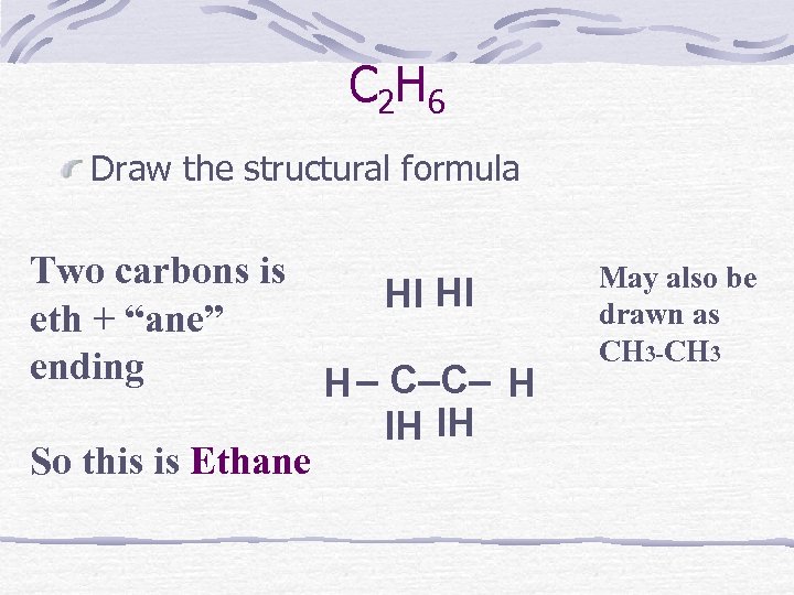 C 2 H 6 Draw the structural formula Two carbons is HI HI eth
