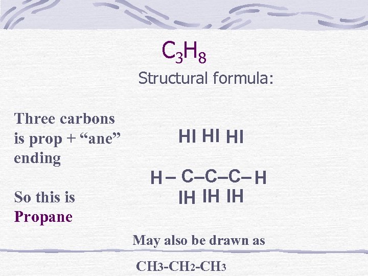 C 3 H 8 Structural formula: Three carbons is prop + “ane” ending So