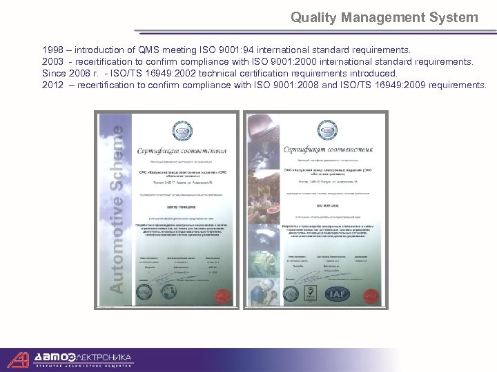 Quality Management System 1998 – introduction of QMS meeting ISO 9001: 94 international standard