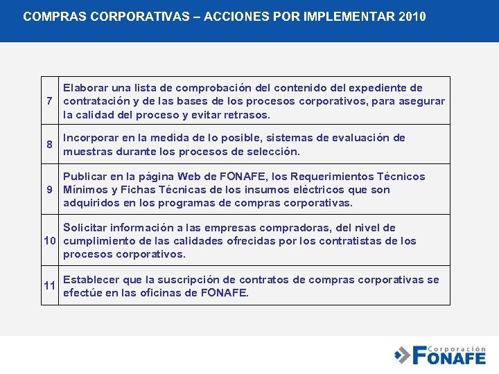 COMPRAS CORPORATIVAS – ACCIONES POR IMPLEMENTAR 2010 Elaborar una lista de comprobación del contenido