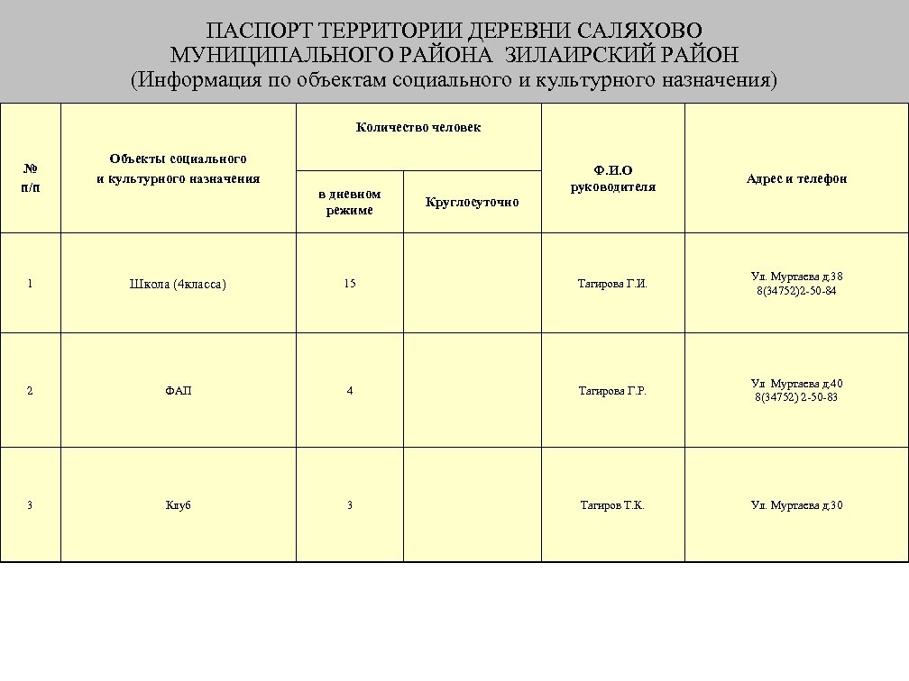 ПАСПОРТ ТЕРРИТОРИИ ДЕРЕВНИ САЛЯХОВО МУНИЦИПАЛЬНОГО РАЙОНА ЗИЛАИРСКИЙ РАЙОН (Информация по объектам социального и культурного