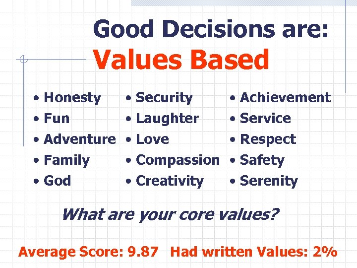 Good Decisions are: Values Based • Honesty • Fun • Adventure • Family •