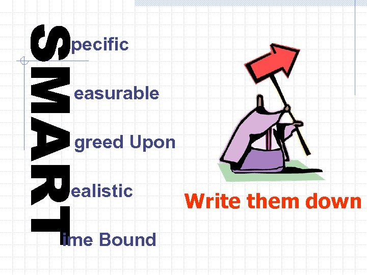pecific easurable greed Upon ealistic ime Bound Write them down 